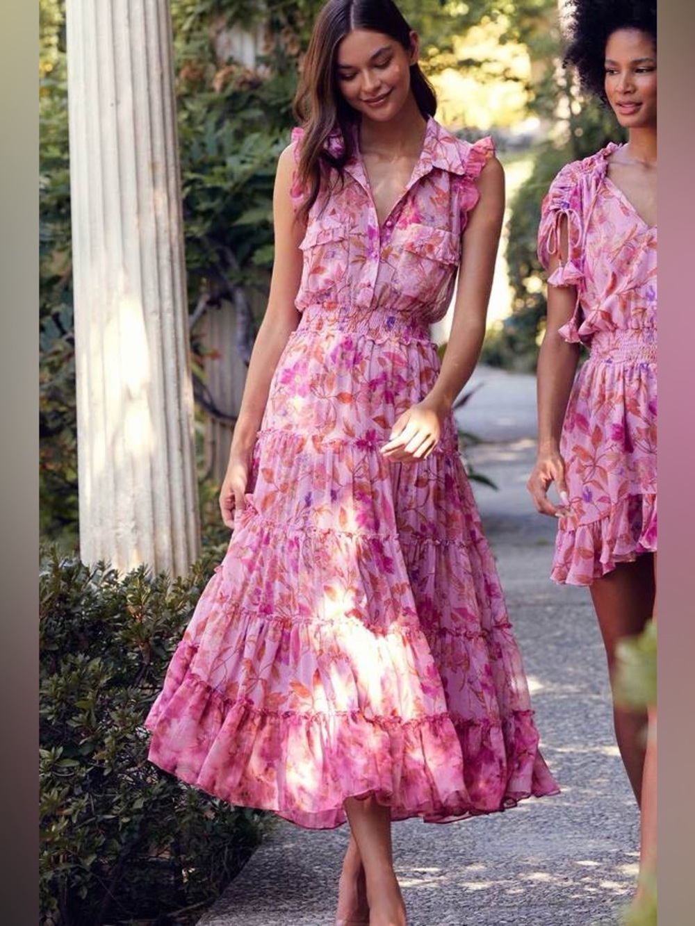 MISA Los Angeles Trina ruffled short sleeves smocked tiered dress